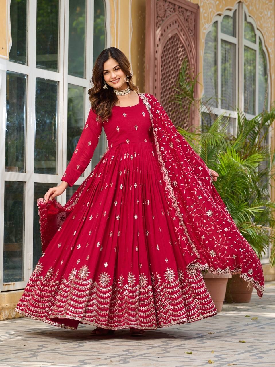 Vichitra Silk Beads Work Anarkali Gown Set with Dupatta | Premium Ready-to-Wear